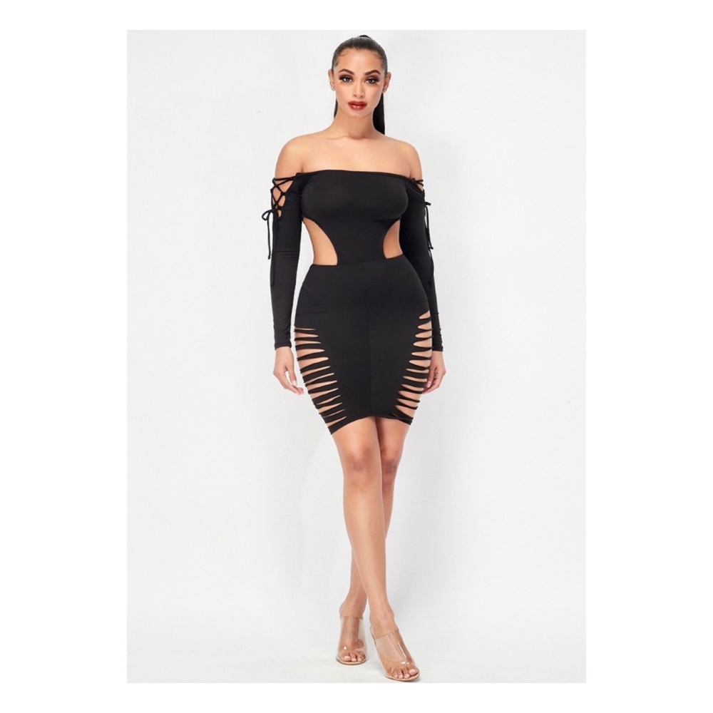 Cold shoulder bodysuit with distressed skirt set
